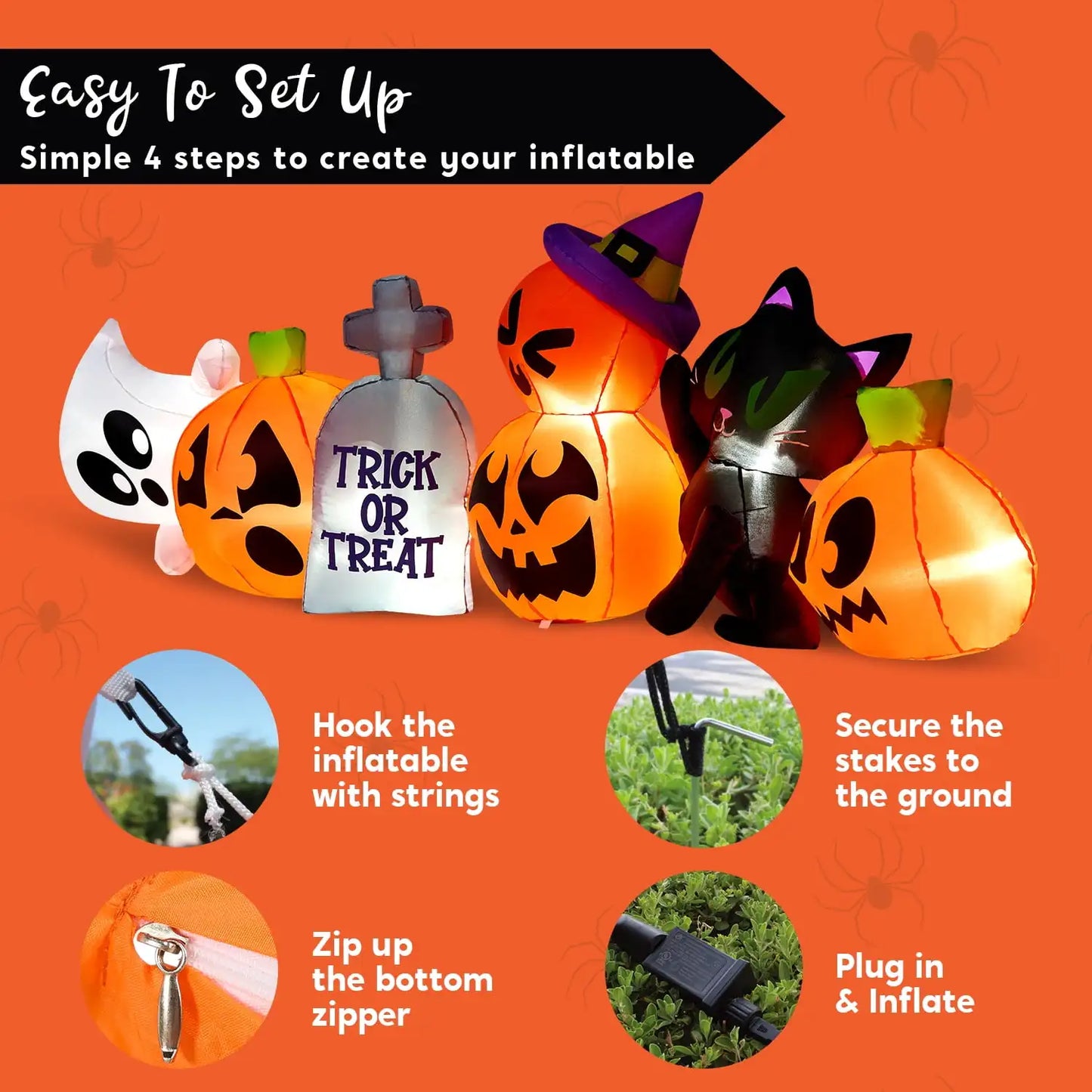 Joyfy 8 ft Halloween Inflatables Characters Long Light Up Pumpkin Ghost Cat Tombstone