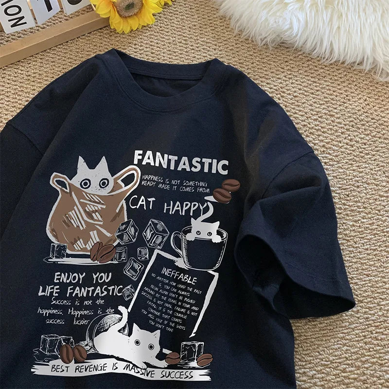 Unisex T Shirt Pullover Oversize Korean version Cartoon Cat
