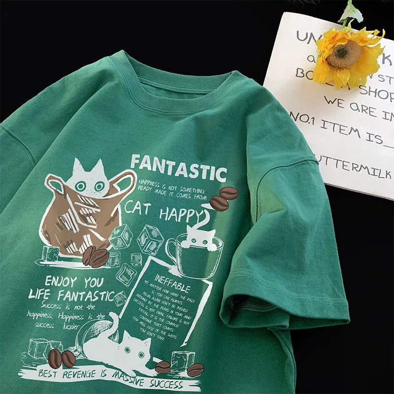 Unisex T Shirt Pullover Oversize Korean version Cartoon Cat