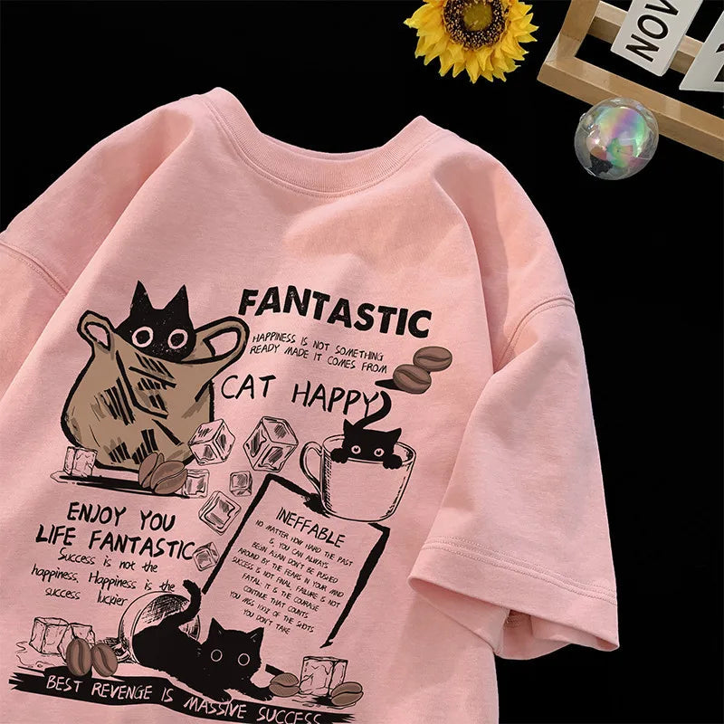 Unisex T Shirt Pullover Oversize Korean version Cartoon Cat