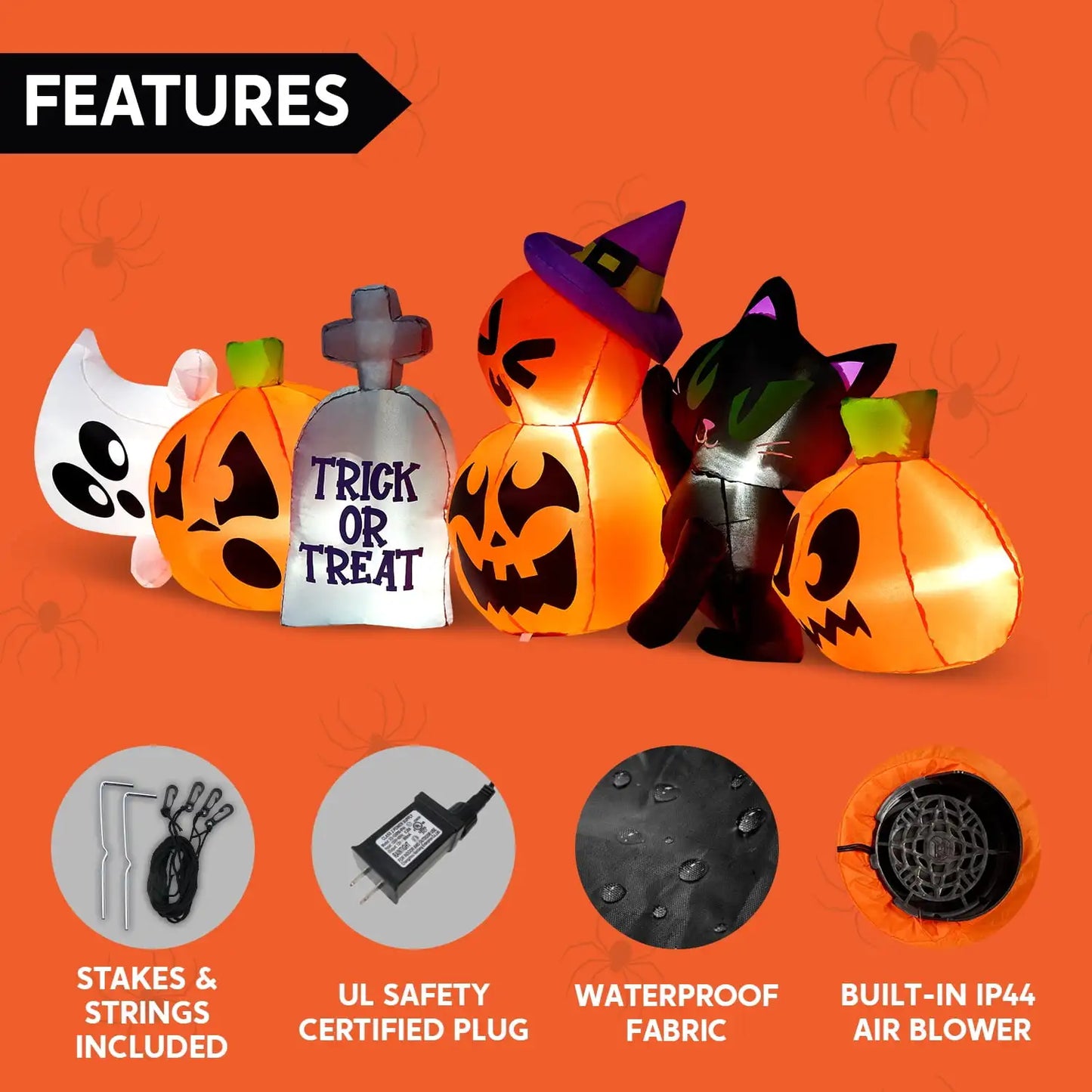 Joyfy 8 ft Halloween Inflatables Characters Long Light Up Pumpkin Ghost Cat Tombstone